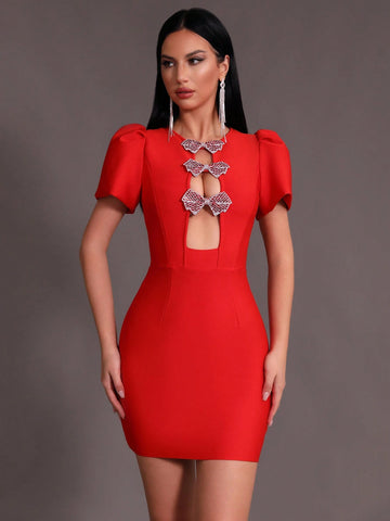 Modphy Bow Bandage Front Cut Out Front Puff Sleeve Dress