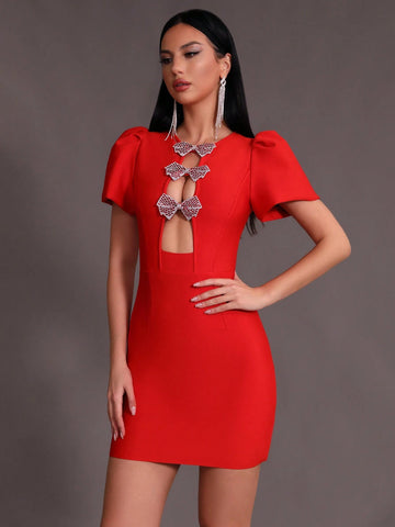 Modphy Bow Bandage Front Cut Out Front Puff Sleeve Dress