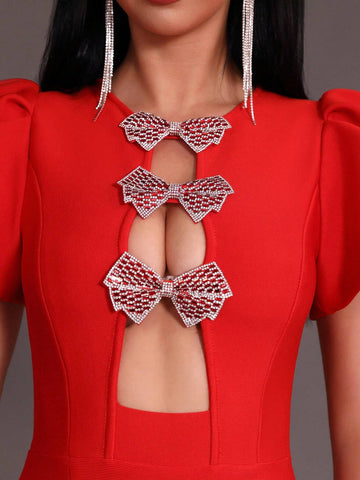 Modphy Bow Bandage Front Cut Out Front Puff Sleeve Dress