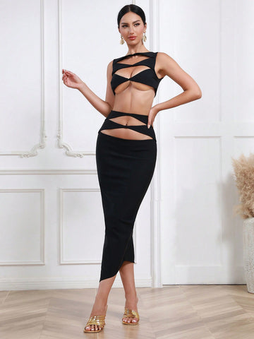Cut Out Crop Tank Top & Asymmetrical Hem Skirt