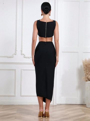 Cut Out Crop Tank Top & Asymmetrical Hem Skirt