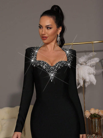 Modphy Elegant Sparkling Rhinestone Heart-Neck Long Sleeve Mermaid Hem Long Dress, Formal Evening Party Gown