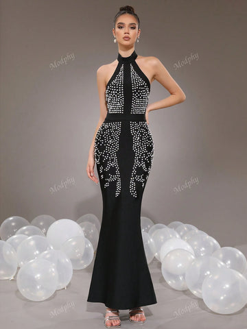 Modphy Fashionable Solid Color Halter Backless Sleeveless Mermaid Dress Women Formal Evening Gown (Heavily Embellished)