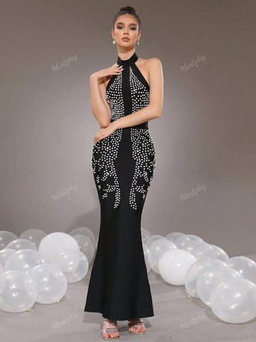 Modphy Fashionable Solid Color Halter Backless Sleeveless Mermaid Dress Women Formal Evening Gown (Heavily Embellished)
