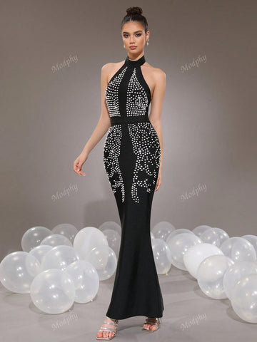 Modphy Fashionable Solid Color Halter Backless Sleeveless Mermaid Dress Women Formal Evening Gown (Heavily Embellished)