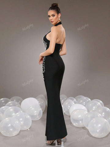 Modphy Fashionable Solid Color Halter Backless Sleeveless Mermaid Dress Women Formal Evening Gown (Heavily Embellished)