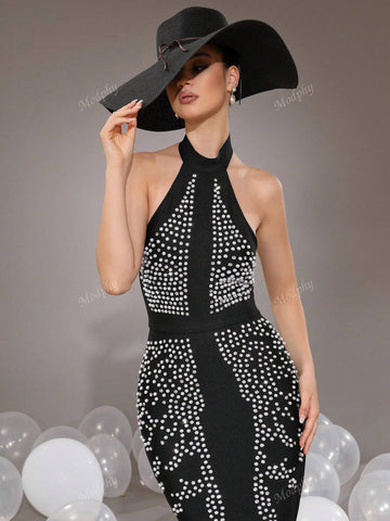 Modphy Fashionable Solid Color Halter Backless Sleeveless Mermaid Dress Women Formal Evening Gown (Heavily Embellished)