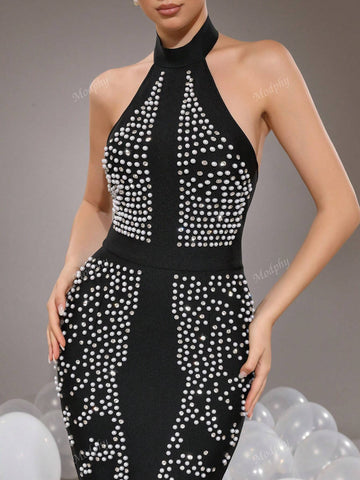 Modphy Fashionable Solid Color Halter Backless Sleeveless Mermaid Dress Women Formal Evening Gown (Heavily Embellished)