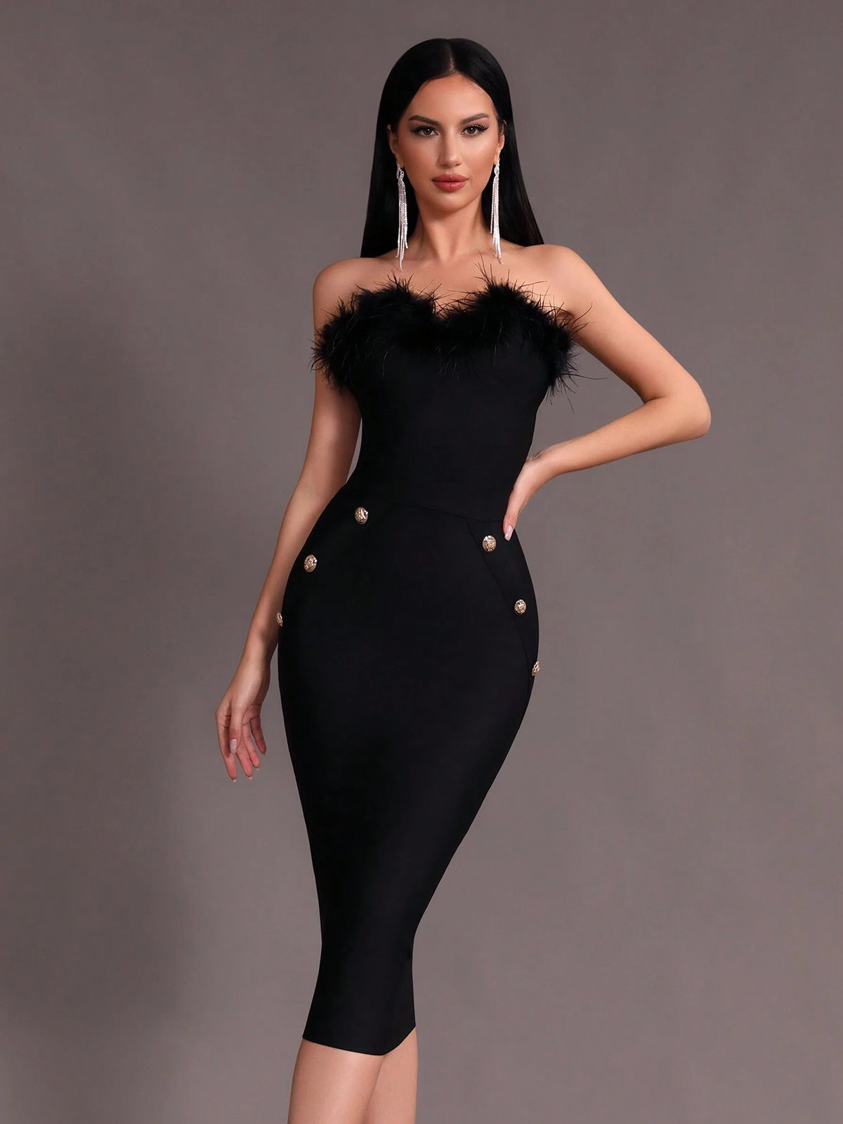 Modphy Faux Feather Sexy Women's Black Strapless Dress With Button Decoration And Bandage Detail, Mid-Length