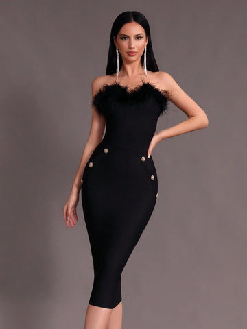Modphy Faux Feather Sexy Women's Black Strapless Dress With Button Decoration And Bandage Detail, Mid-Length