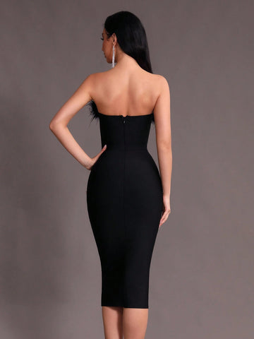 Modphy Faux Feather Sexy Women's Black Strapless Dress With Button Decoration And Bandage Detail, Mid-Length