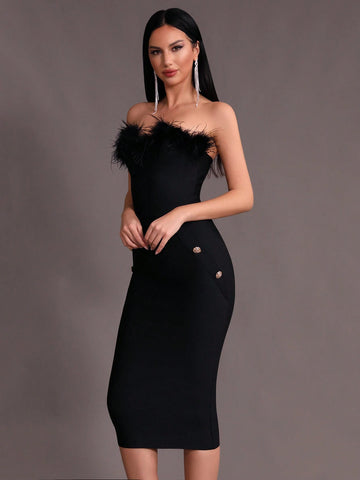 Modphy Faux Feather Sexy Women's Black Strapless Dress With Button Decoration And Bandage Detail, Mid-Length