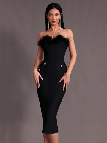 Modphy Faux Feather Sexy Women's Black Strapless Dress With Button Decoration And Bandage Detail, Mid-Length