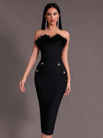 Modphy Faux Feather Sexy Women's Black Strapless Dress With Button Decoration And Bandage Detail, Mid-Length