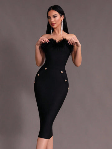 Modphy Faux Feather Sexy Women's Black Strapless Dress With Button Decoration And Bandage Detail, Mid-Length