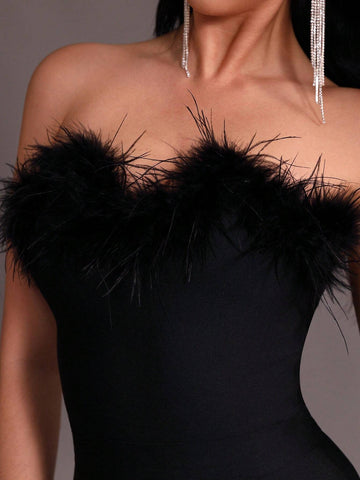 Modphy Faux Feather Sexy Women's Black Strapless Dress With Button Decoration And Bandage Detail, Mid-Length