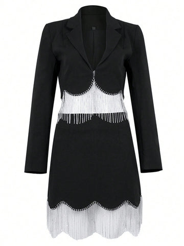 Fringe Trim Lapel Neck Blazer & Skirt