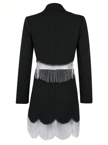 Fringe Trim Lapel Neck Blazer & Skirt