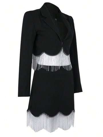 Fringe Trim Lapel Neck Blazer & Skirt