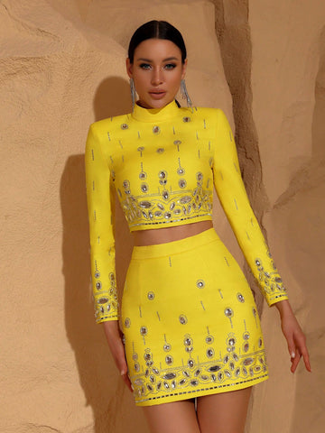 Modphy High Quality New Fashion Women's Heavy Industry Crystal Beads Slim Fit Yellow Set Sexy Short Top+Dress Party 2 Two Piece Set