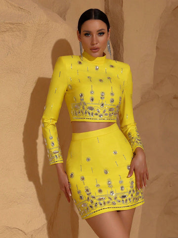 Modphy High Quality New Fashion Women's Heavy Industry Crystal Beads Slim Fit Yellow Set Sexy Short Top+Dress Party 2 Two Piece Set