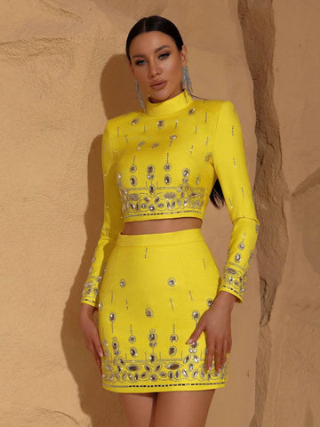 Modphy High Quality New Fashion Women's Heavy Industry Crystal Beads Slim Fit Yellow Set Sexy Short Top+Dress Party 2 Two Piece Set
