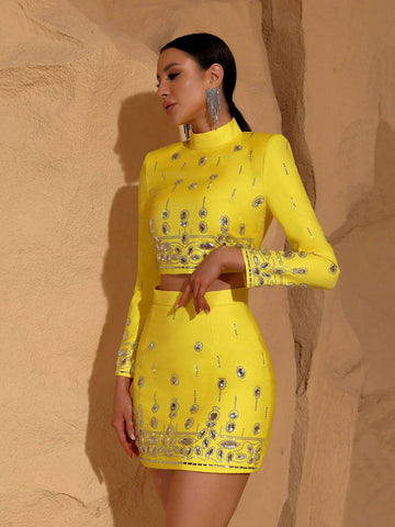 Modphy High Quality New Fashion Women's Heavy Industry Crystal Beads Slim Fit Yellow Set Sexy Short Top+Dress Party 2 Two Piece Set