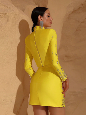 Modphy High Quality New Fashion Women's Heavy Industry Crystal Beads Slim Fit Yellow Set Sexy Short Top+Dress Party 2 Two Piece Set