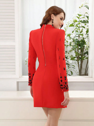 Modphy High Quality New Fashion Women's Heavy Industry Crystal Beads Slim Fit Yellow Set Sexy Short Top+Dress Party 2 Two Piece Set