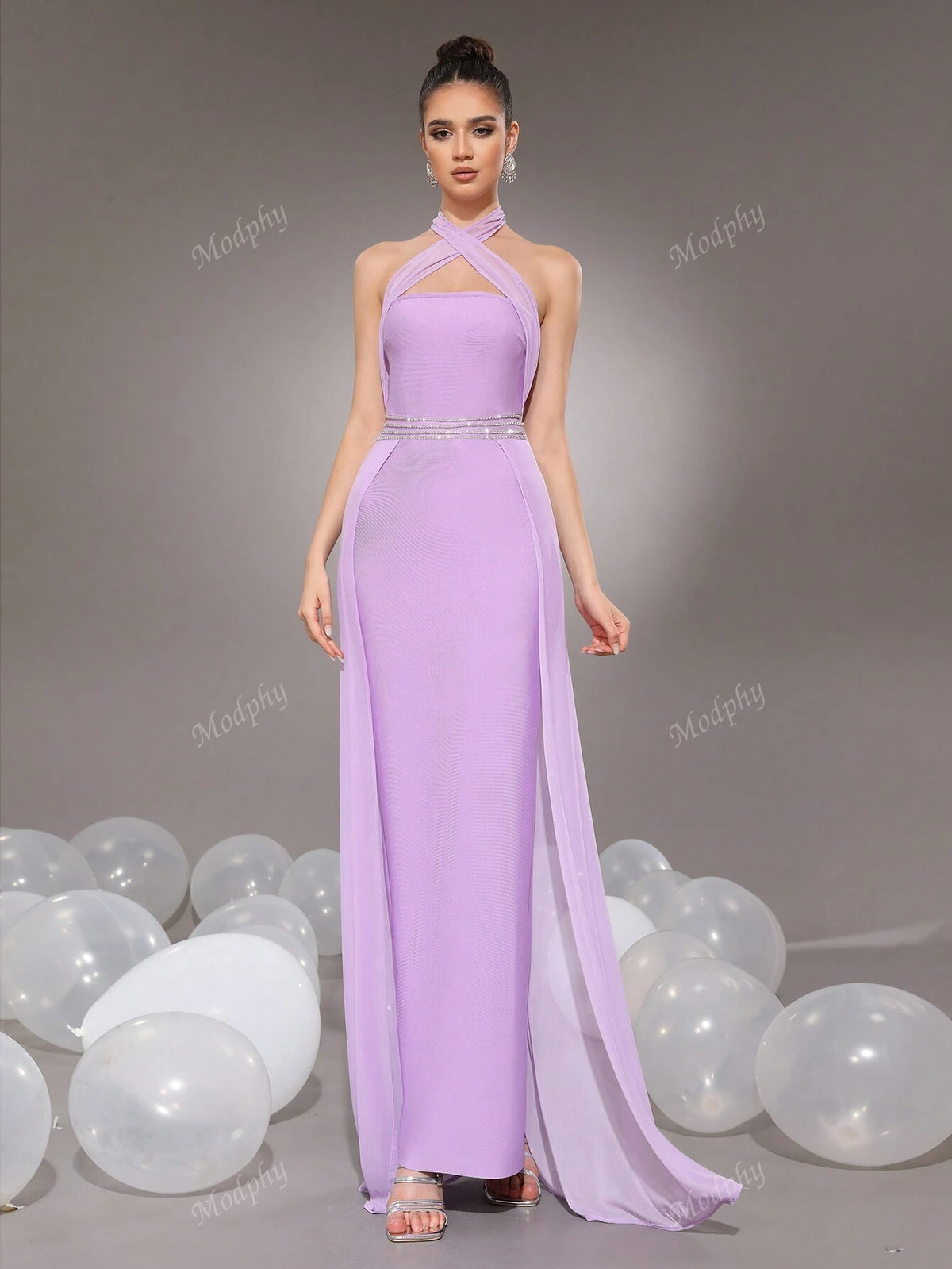Modphy Lavender Diamond Criss-Cross Backless Hollow Sleeveless Loose Bandage Dress Women Prom Gown (Heavy Embroidered)