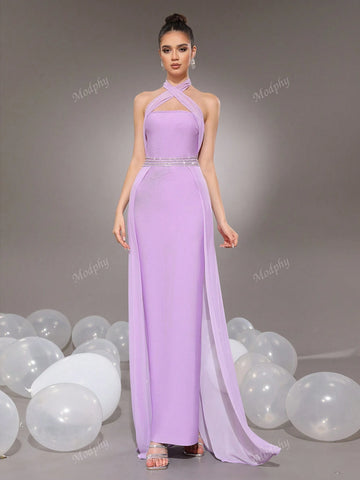 Modphy Lavender Diamond Criss-Cross Backless Hollow Sleeveless Loose Bandage Dress Women Prom Gown (Heavy Embroidered)