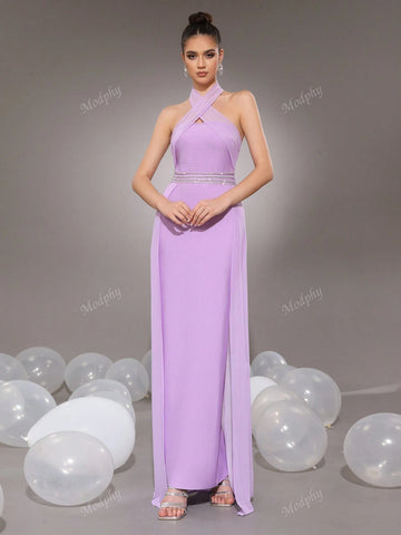 Modphy Lavender Diamond Criss-Cross Backless Hollow Sleeveless Loose Bandage Dress Women Prom Gown (Heavy Embroidered)