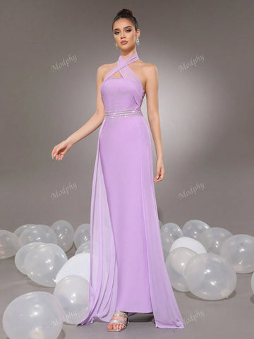 Modphy Lavender Diamond Criss-Cross Backless Hollow Sleeveless Loose Bandage Dress Women Prom Gown (Heavy Embroidered)