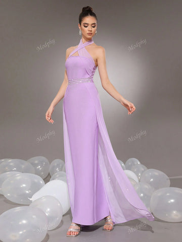 Modphy Lavender Diamond Criss-Cross Backless Hollow Sleeveless Loose Bandage Dress Women Prom Gown (Heavy Embroidered)