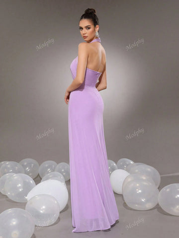 Modphy Lavender Diamond Criss-Cross Backless Hollow Sleeveless Loose Bandage Dress Women Prom Gown (Heavy Embroidered)
