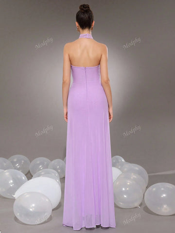 Modphy Lavender Diamond Criss-Cross Backless Hollow Sleeveless Loose Bandage Dress Women Prom Gown (Heavy Embroidered)