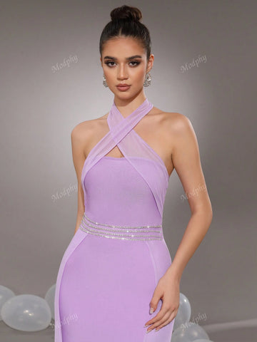 Modphy Lavender Diamond Criss-Cross Backless Hollow Sleeveless Loose Bandage Dress Women Prom Gown (Heavy Embroidered)