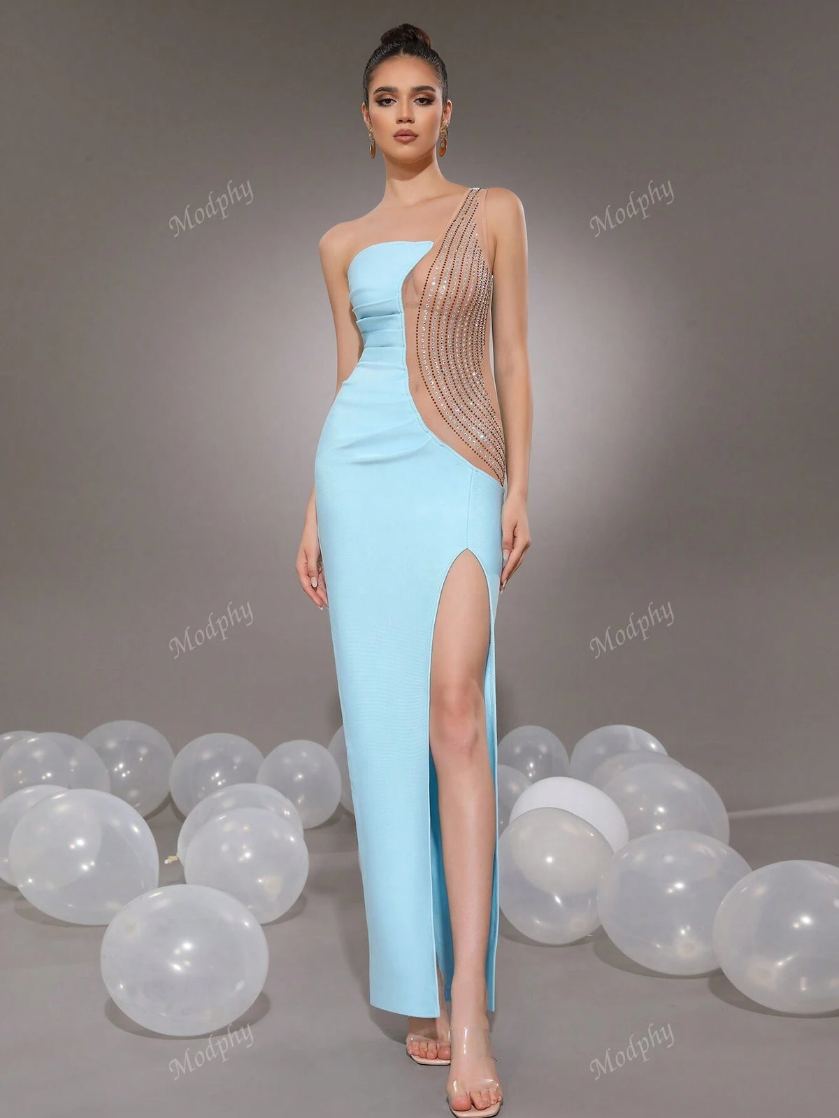 Modphy Light Blue One-Shoulder Sleeveless Sexy Diamond Pleated Mesh Patchwork Slit Maxi Bandage Formal Evening Gown For Women