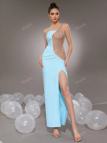Modphy Light Blue One-Shoulder Sleeveless Sexy Diamond Pleated Mesh Patchwork Slit Maxi Bandage Formal Evening Gown For Women