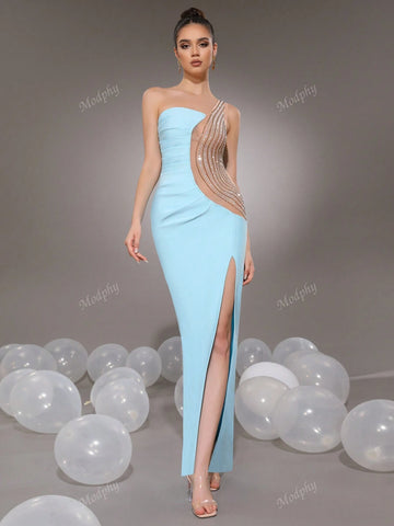 Modphy Light Blue One-Shoulder Sleeveless Sexy Diamond Pleated Mesh Patchwork Slit Maxi Bandage Formal Evening Gown For Women