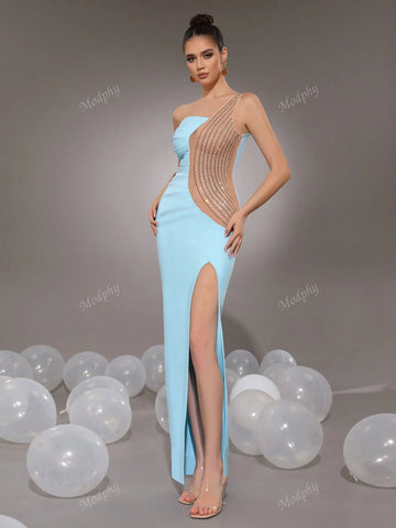 Modphy Light Blue One-Shoulder Sleeveless Sexy Diamond Pleated Mesh Patchwork Slit Maxi Bandage Formal Evening Gown For Women