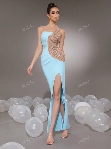 Modphy Light Blue One-Shoulder Sleeveless Sexy Diamond Pleated Mesh Patchwork Slit Maxi Bandage Formal Evening Gown For Women