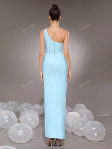 Modphy Light Blue One-Shoulder Sleeveless Sexy Diamond Pleated Mesh Patchwork Slit Maxi Bandage Formal Evening Gown For Women