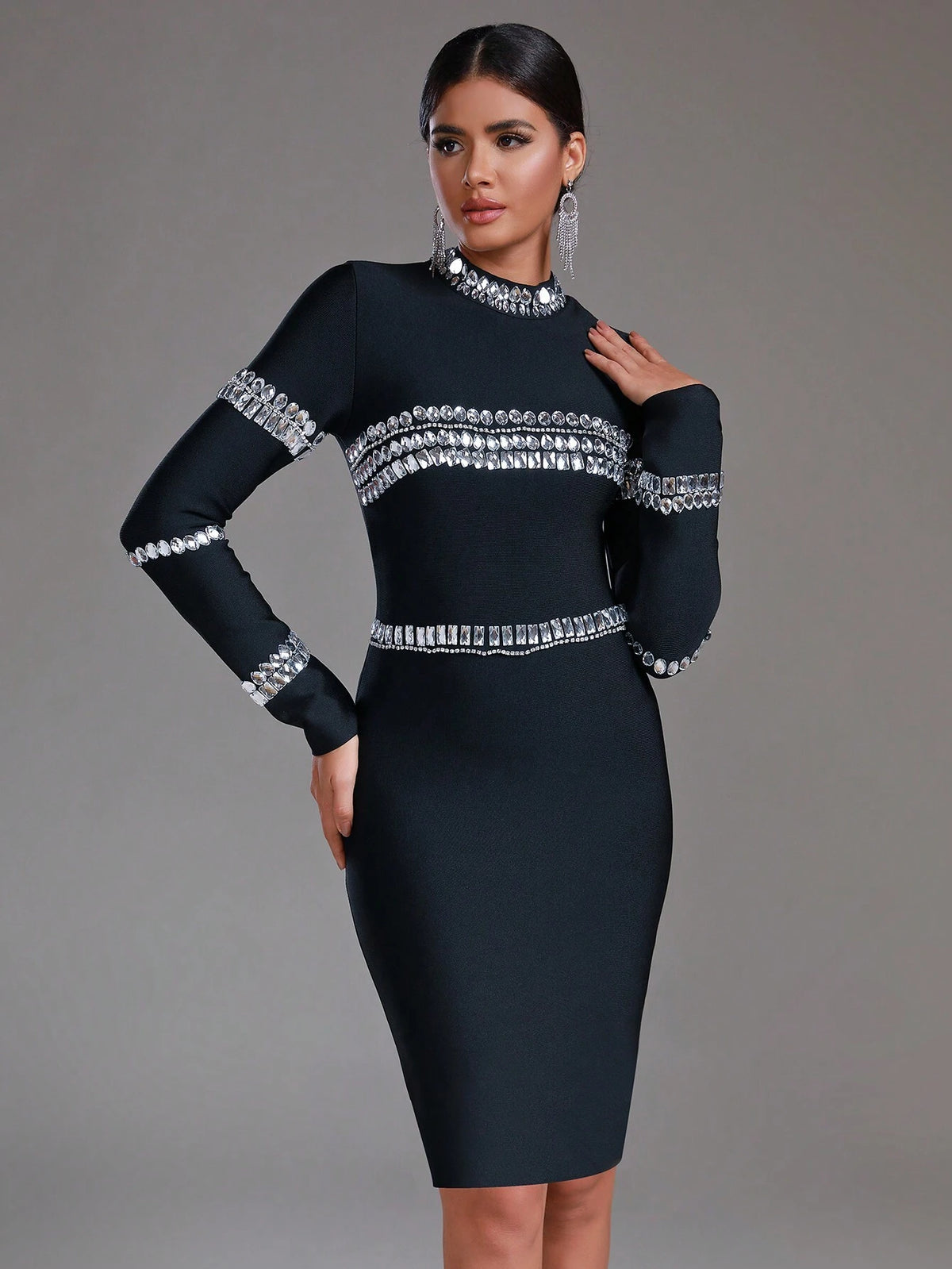 Modphy Long Sleeve Fitted Dress With Rhinestone Embellishment For Cocktail Party