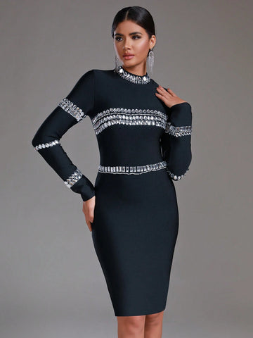 Modphy Long Sleeve Fitted Dress With Rhinestone Embellishment For Cocktail Party