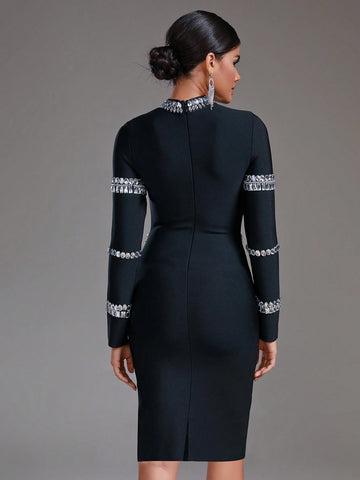 Modphy Long Sleeve Fitted Dress With Rhinestone Embellishment For Cocktail Party