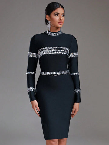 Modphy Long Sleeve Fitted Dress With Rhinestone Embellishment For Cocktail Party