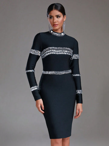 Modphy Long Sleeve Fitted Dress With Rhinestone Embellishment For Cocktail Party