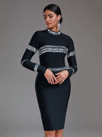 Modphy Long Sleeve Fitted Dress With Rhinestone Embellishment For Cocktail Party