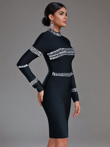Modphy Long Sleeve Fitted Dress With Rhinestone Embellishment For Cocktail Party
